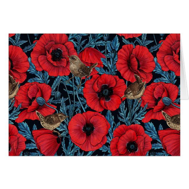 Red poppies and wrens, blue leaves on black (Front Horizontal)