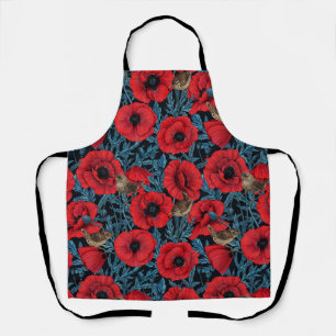 Red poppies and wrens, blue leaves on black apron