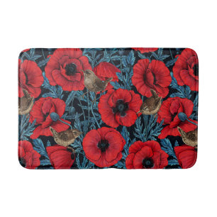Red poppies and wrens, blue leaves on black bath mat