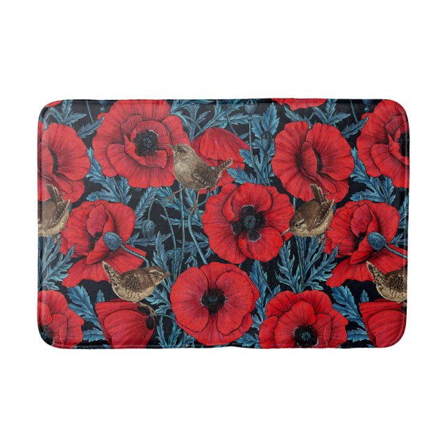 Red poppies and wrens, blue leaves on black bath mat (Front)