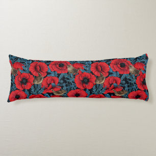Red poppies and wrens, blue leaves on black body cushion