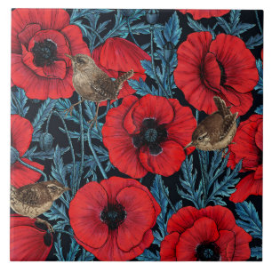 Red poppies and wrens, blue leaves on black ceramic tile