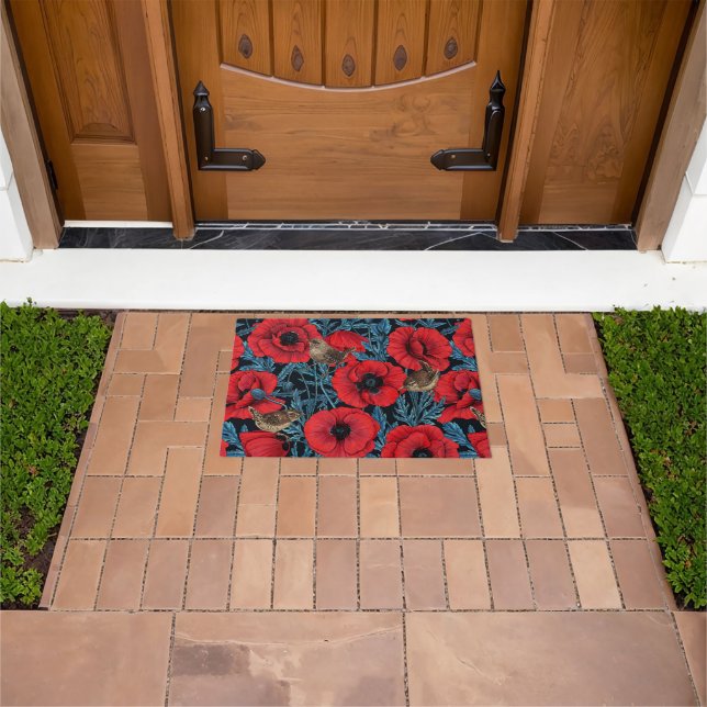 Red poppies and wrens, blue leaves on black doormat (Outdoor)