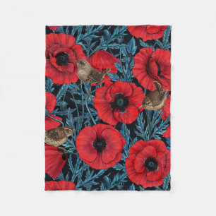 Red poppies and wrens, blue leaves on black fleece blanket