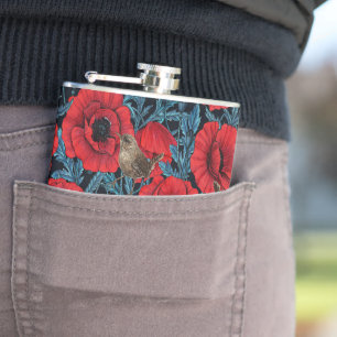 Red poppies and wrens, blue leaves on black hip flask
