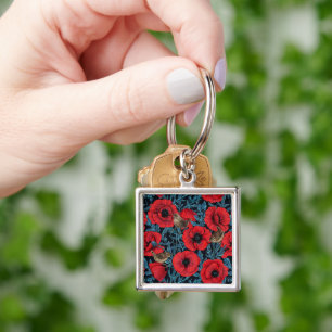 Red poppies and wrens, blue leaves on black key ring