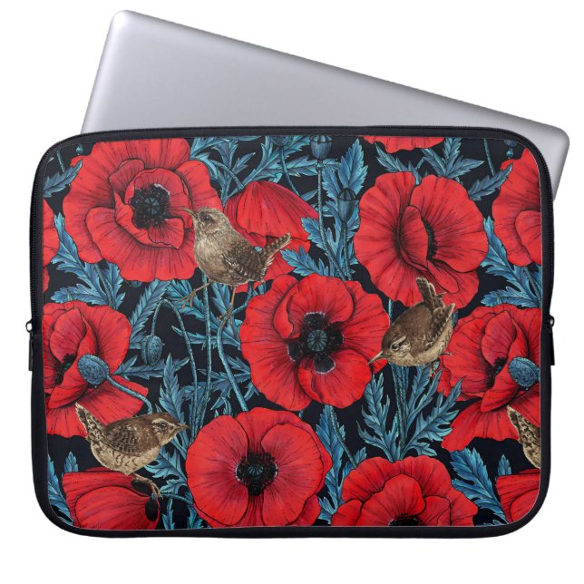 Red poppies and wrens, blue leaves on black laptop sleeve (Front)