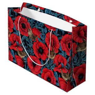 Red poppies and wrens, blue leaves on black large gift bag