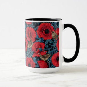 Red poppies and wrens, blue leaves on black mug