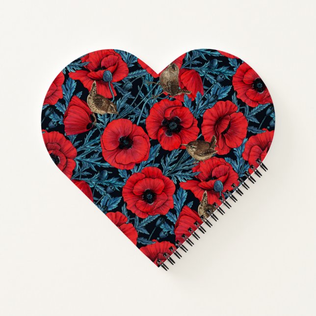 Red poppies and wrens, blue leaves on black notebook (Back)