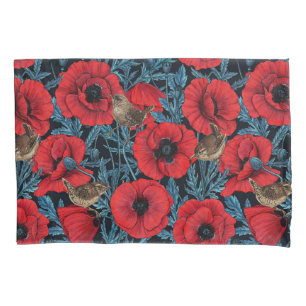 Red poppies and wrens, blue leaves on black pillowcase