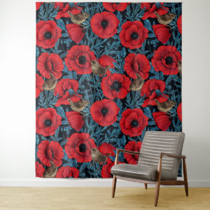 Red poppies and wrens, blue leaves on black tapestry