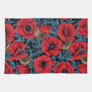 Red poppies and wrens, blue leaves on black tea towel