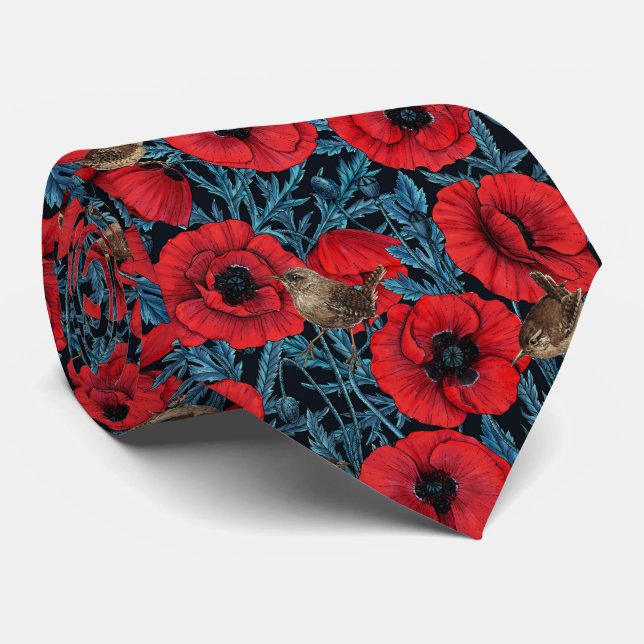 Red poppies and wrens, blue leaves on black tie (Rolled)