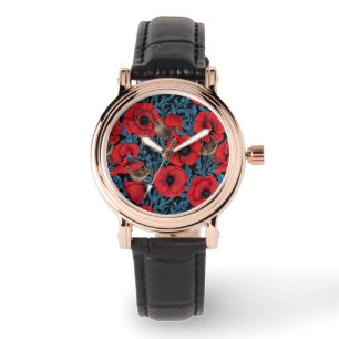 Red poppies and wrens, blue leaves on black watch
