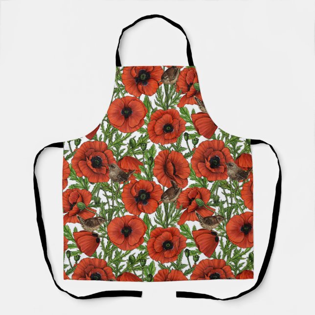 Red poppies and wrens, green leaves on white apron (Front)