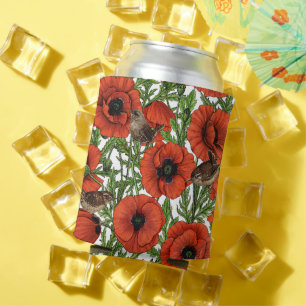 Red poppies and wrens, green leaves on white can cooler