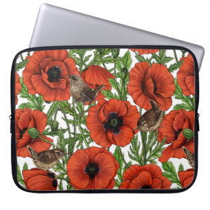 Red poppies and wrens, green leaves on white laptop sleeve