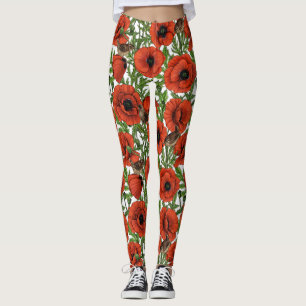 Red poppies and wrens, green leaves on white leggings