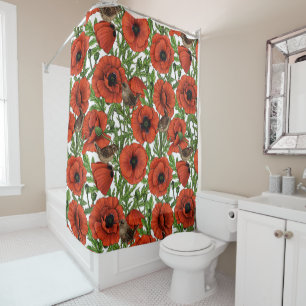 Red poppies and wrens, green leaves on white shower curtain