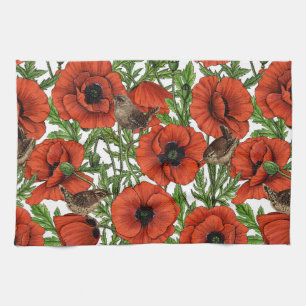 Red poppies and wrens, green leaves on white tea towel