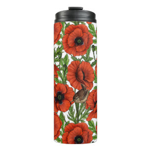 Red poppies and wrens, green leaves on white thermal tumbler