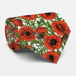 Red poppies and wrens, green leaves on white tie