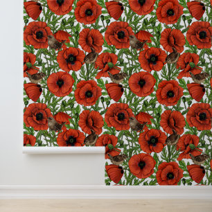 Red poppies and wrens, green leaves on white wallpaper