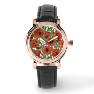 Red poppies and wrens, green leaves on white watch