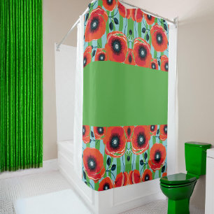 Red Poppies Apple Green Shower Curtain