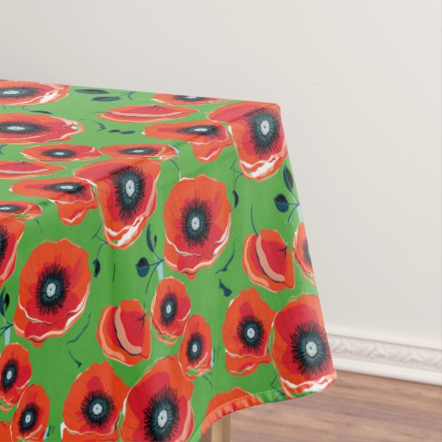 Red Poppies Apple Green Tablecloth (In Situ)