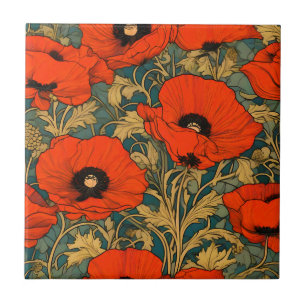 Red  Poppies Art Nouveau Pattern Ceramic Tile