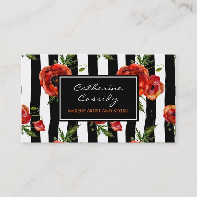 Red Poppies, Black and White Stripe, Makeup Artist Business Card (Front)