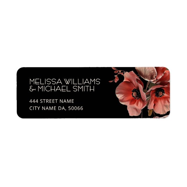 Red Poppies Black Background Return Address Label (Front)