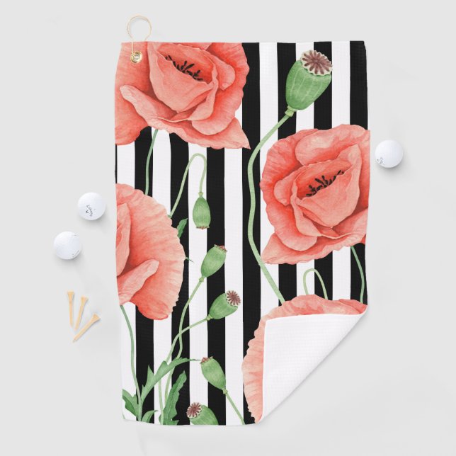 Red Poppies Black Stripes Chic Golf Towel (InSitu)