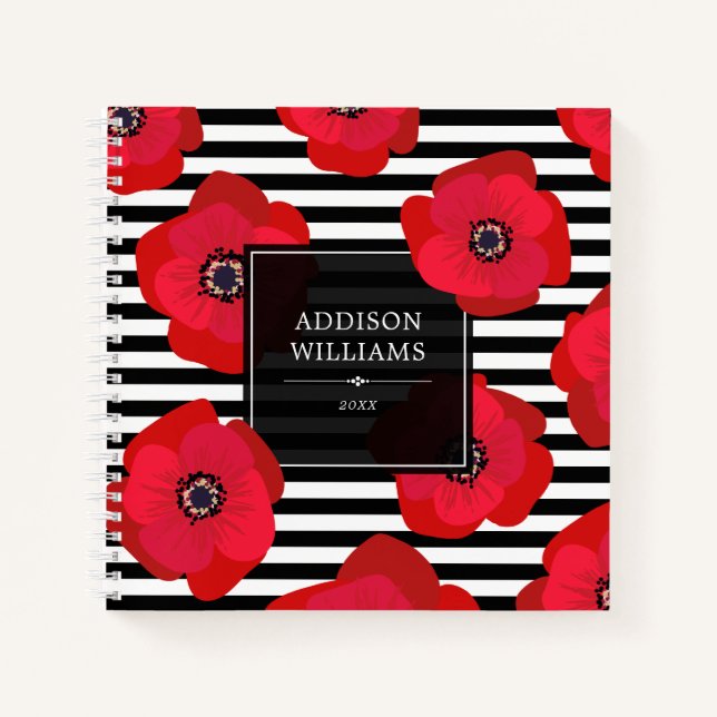 Red Poppies & Black Stripes - Name Notebook (Front)