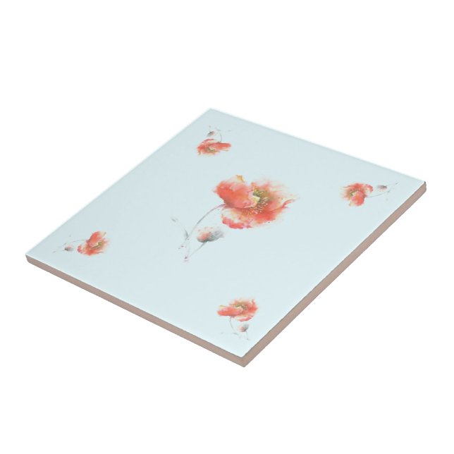 Red Poppies Blue Ceramic Tile - Choose Colours (Side)