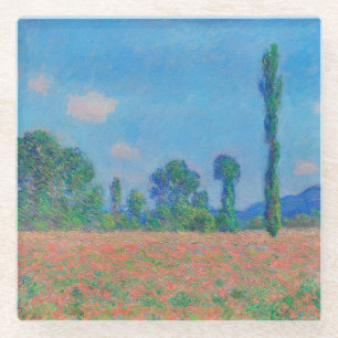 Red Poppies Blue Sky by Monet - Poppy Field Glass Coaster