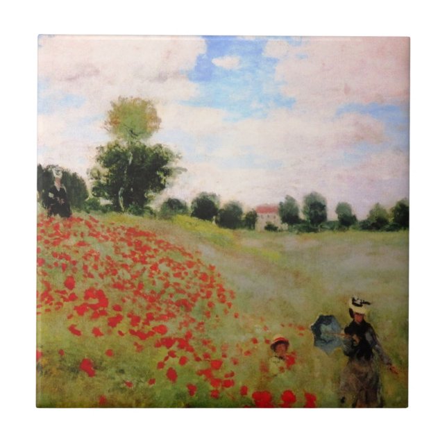Red Poppies by Monet - Poppy Field Parasol Woman Ceramic Tile (Front)