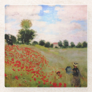 Red Poppies by Monet - Poppy Field Parasol Woman Glass Coaster
