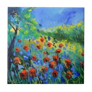 red poppies ceramic tile