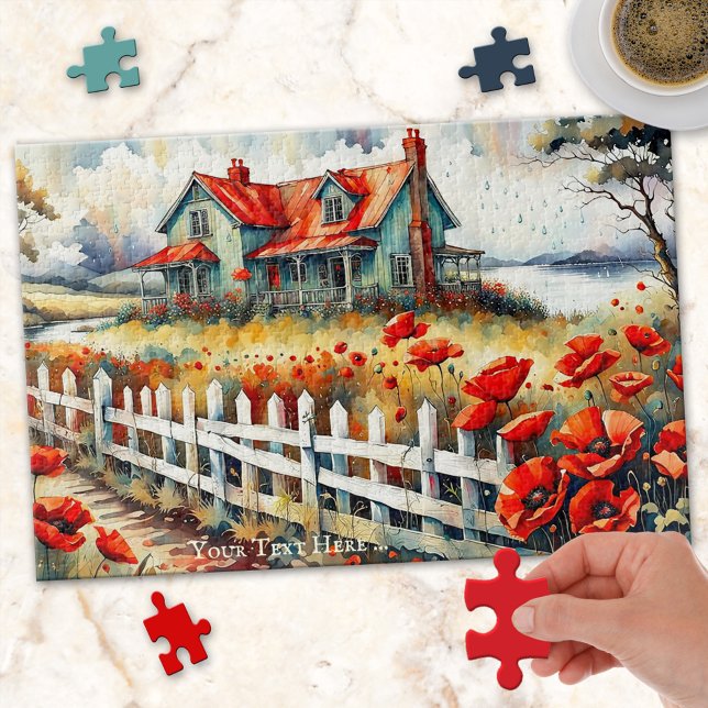 Red Poppies Country Side Farm House Puzzle (Puzzle featuring a fine art painting of a country scene with farm house and red poppy flowers.)