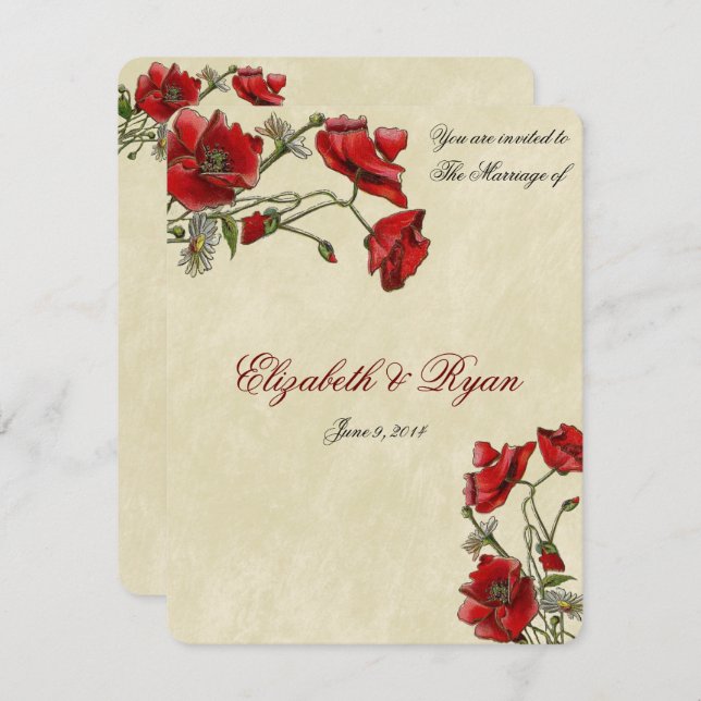 Red Poppies, Elegant Wedding Invitation (Front/Back)