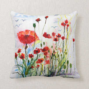 Red Poppies Fantasy Watercolor Ginette Cushion