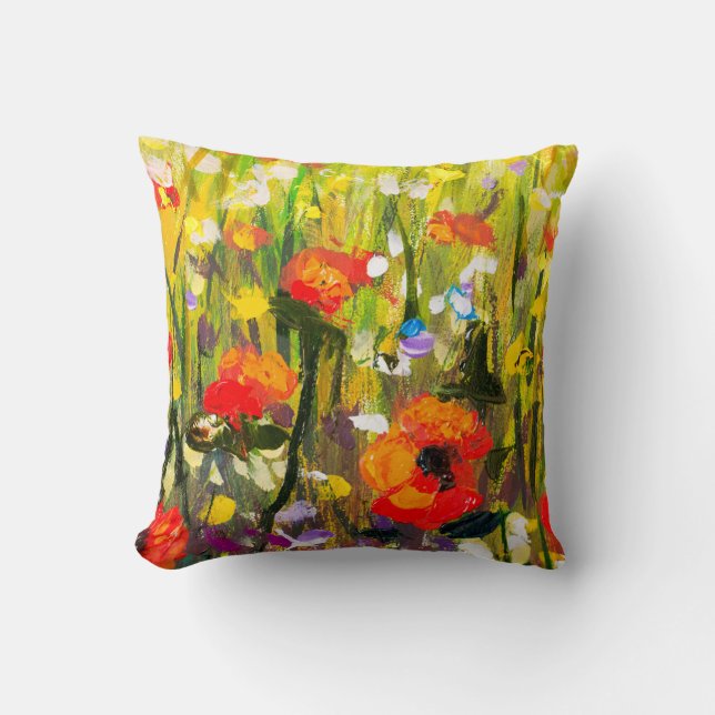 Red Poppies Field Abstract Painting Cushion (Front)
