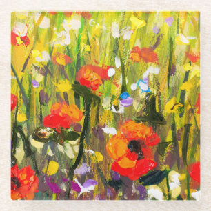 Red Poppies Field Abstract Painting Glass Coaster