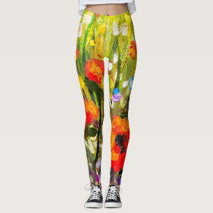 Red Poppies Field Abstract Painting Leggings