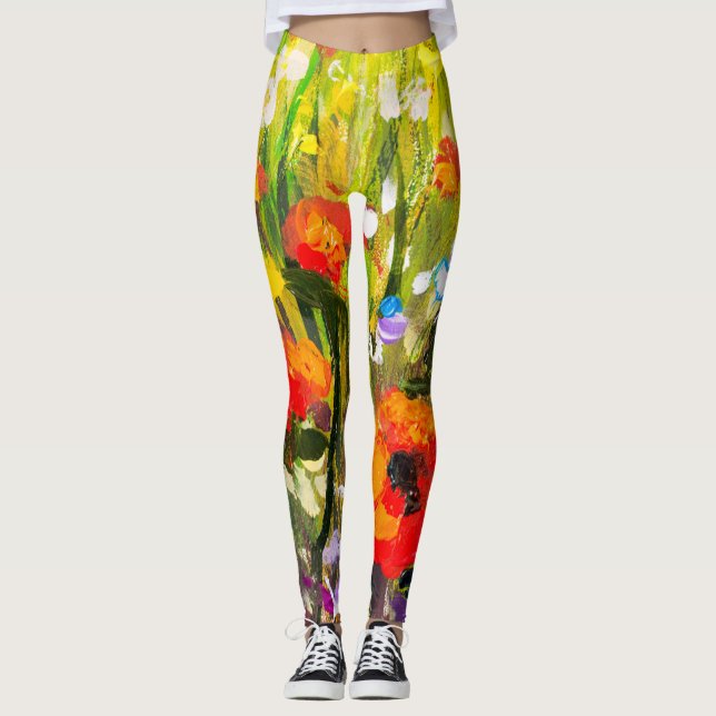 Red Poppies Field Abstract Painting Leggings (Front)