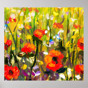 Red Poppies Field Abstract Painting Poster