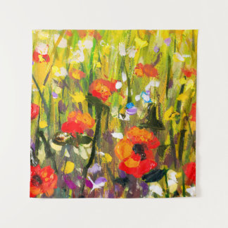 Red Poppies Field Abstract Painting Tapestry